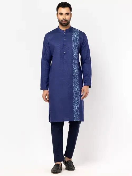 Blue Textured and Printed Viscose-Cotton Panjabi Pajama Set